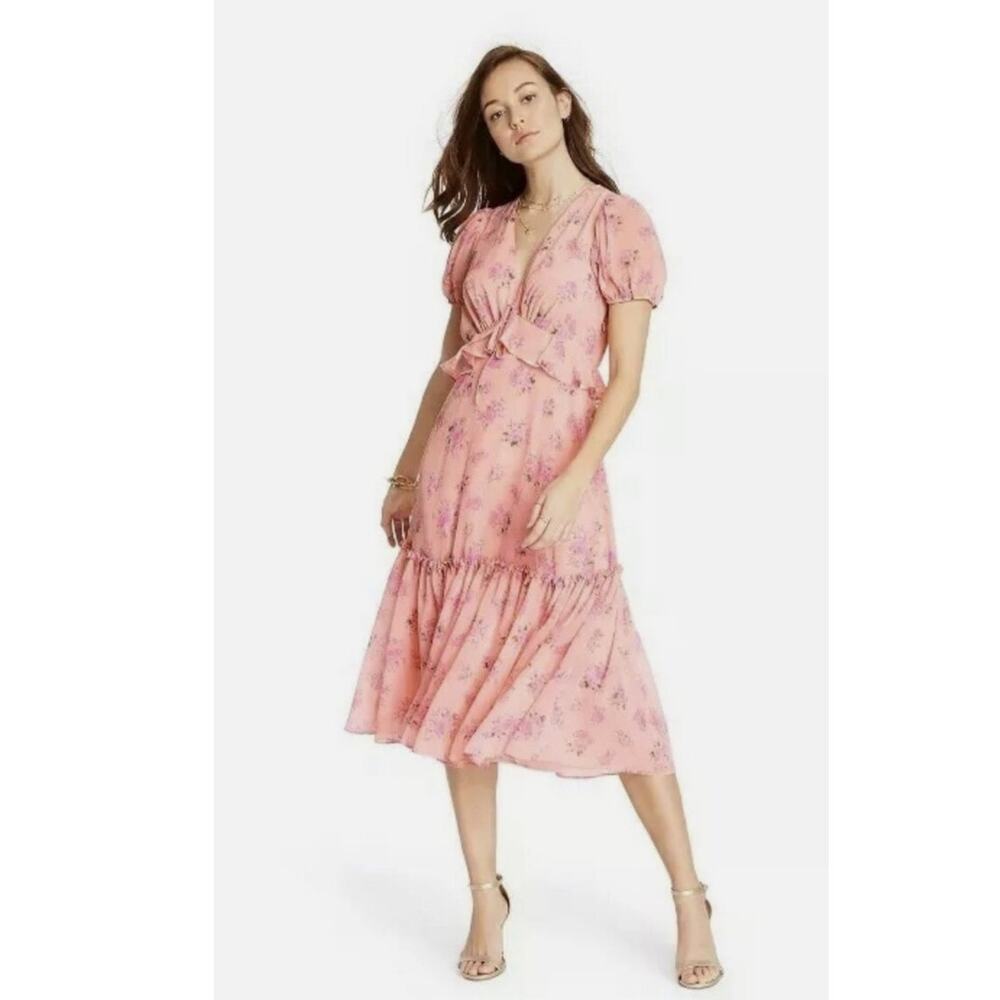 LoveShackFancy X Target Fleur Floral Midi Shift Dress Pink Melon Ruffled Size 8